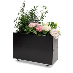 Plantekasse i Sort 80x30x50 cm med bunn og hjul. BEDD